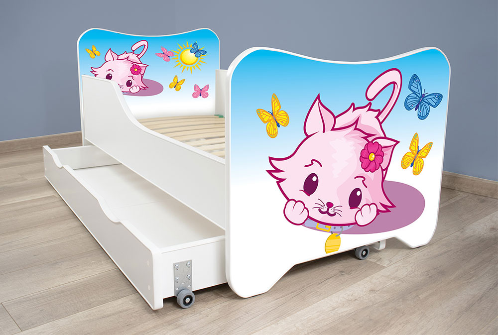 Dečiji krevet sa dušekom, letvicama i fiokom 140x70 cm Little kitty - Image 1