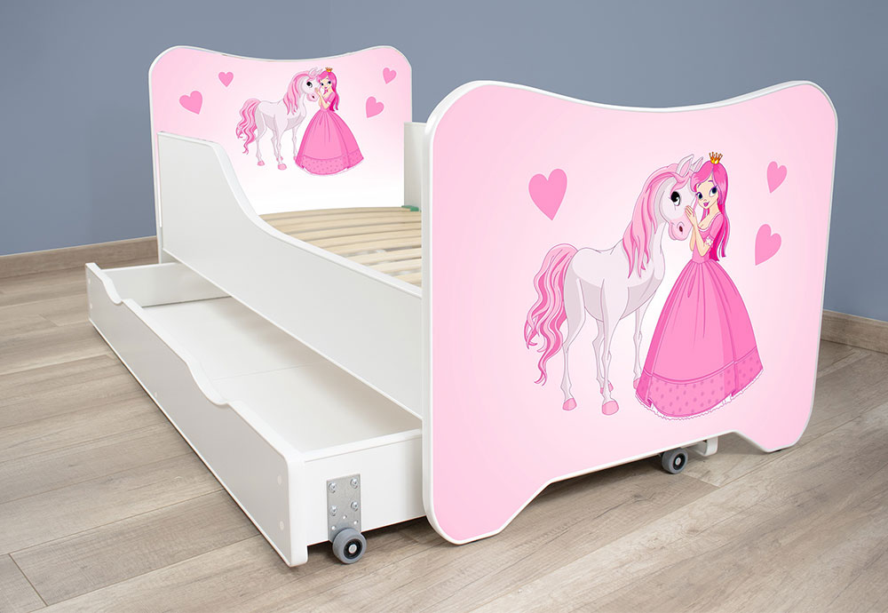 Dečiji krevet sa dušekom, letvicama i fiokom 140x70 cm Princess and horse 