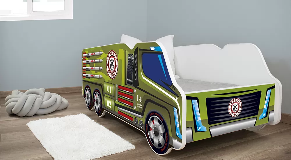 Dečiji krevet sa dušekom i letvicama 140x70 Truck Military