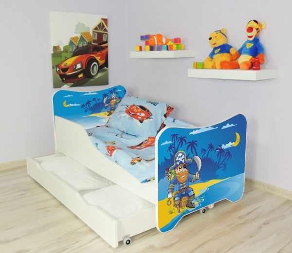 Dečiji krevet sa dušekom, letvicama i fiokom 140x70 cm Happy kitty Old pirate 
