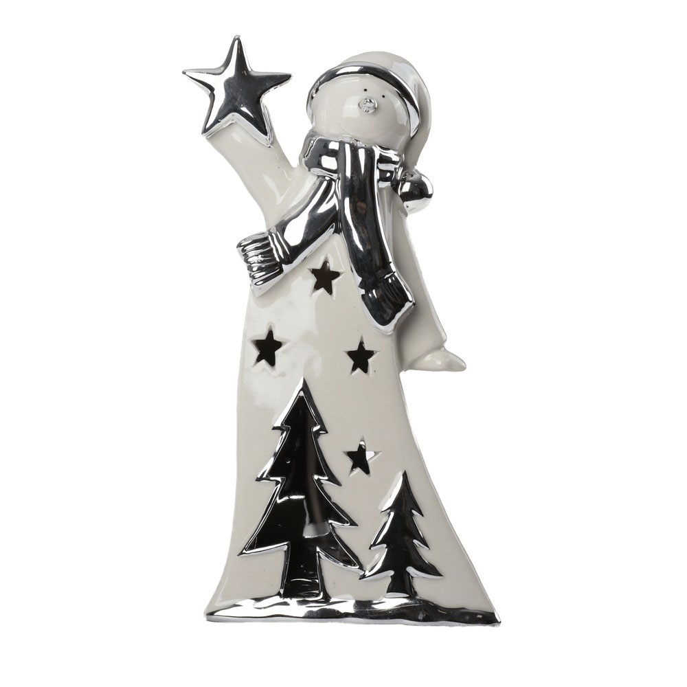 Novogodišnja i božićna dekoracija Keramička figurica 21cm sa LED svetlom Sneško sa zvezdom