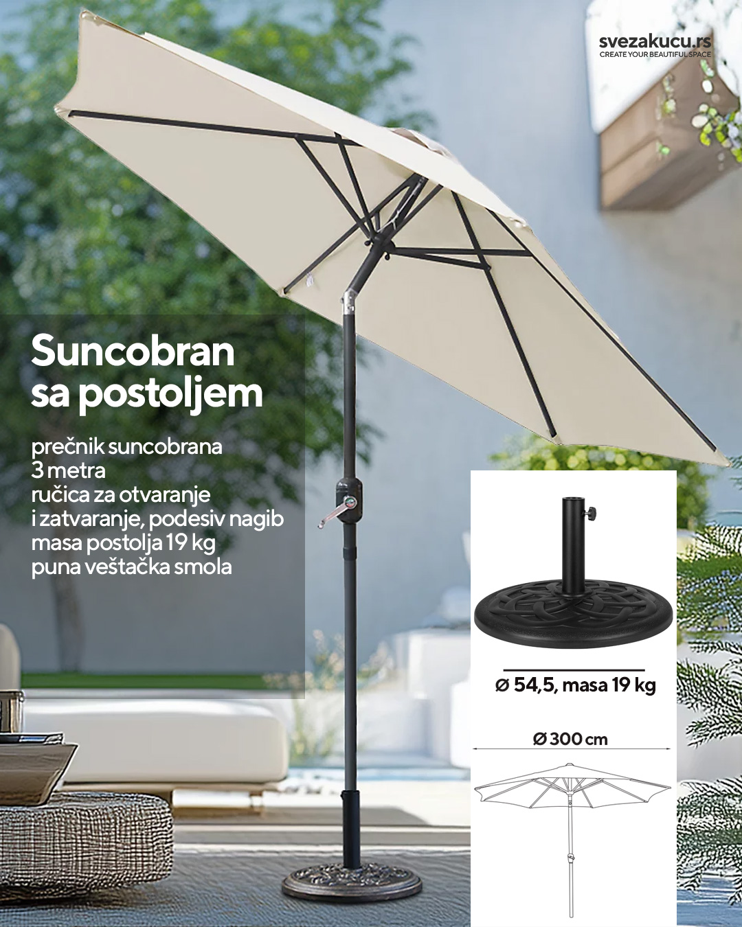 Suncobran 3 metra u kompletu sa postoljem težine 19 kg