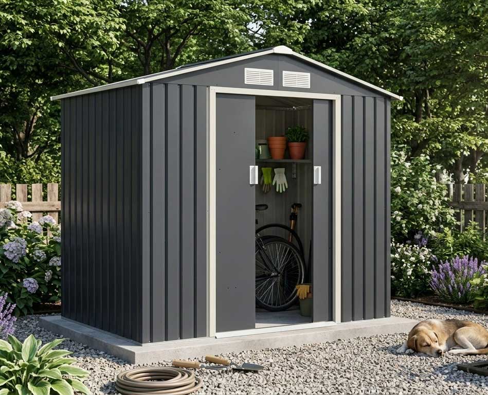 Pomoćna metalna baštenska kućica sa kliznim vratima Ferox-A 2.7m²