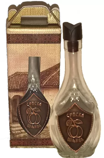 Flaša sa bakarnom pločicom i natpisom srpska šljiva 0,5