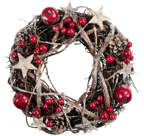 Novogodišnji venac od ratana sa crvenim ukrasima