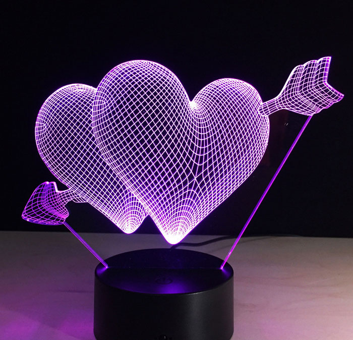 Black Cut 3D LED Lampa Purple Hearts