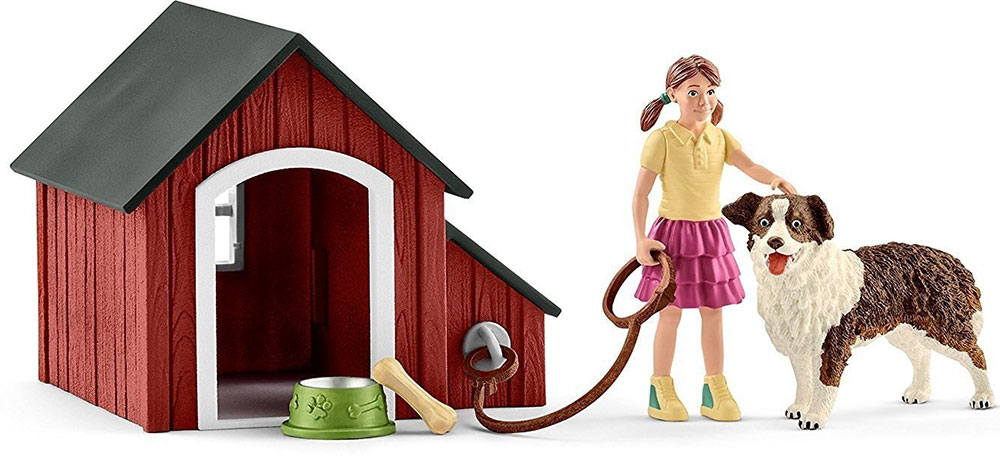 Schleich figurice Domaće životinje - Kućica za psa, pas i devojčica 42376