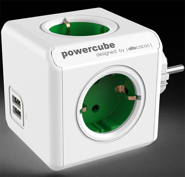 PowerCube produžni bez kabla 4 x šuko 2xUSB zelena