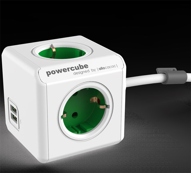 PowerCube produžni kabl 4 x šuko 2xUSB zelena