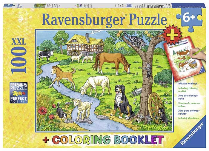 Slagalica 100 delova + bojanka - Domaće životinje na potoku - Ravensburger 13696