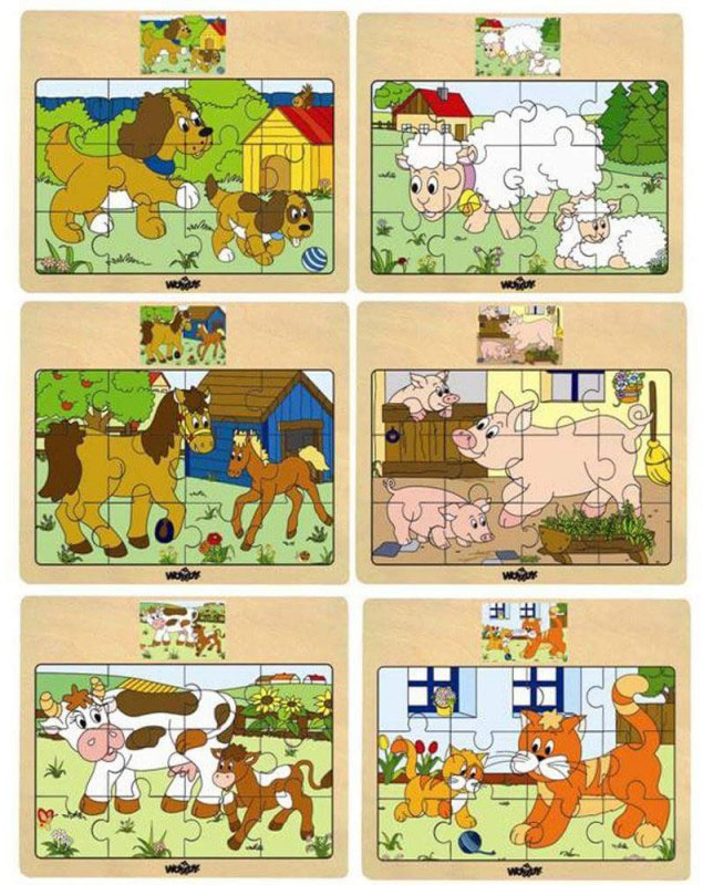 WOODY Puzzle Set 6 motiva DOMAĆE ŽIVOTINJE 12 delova 93010