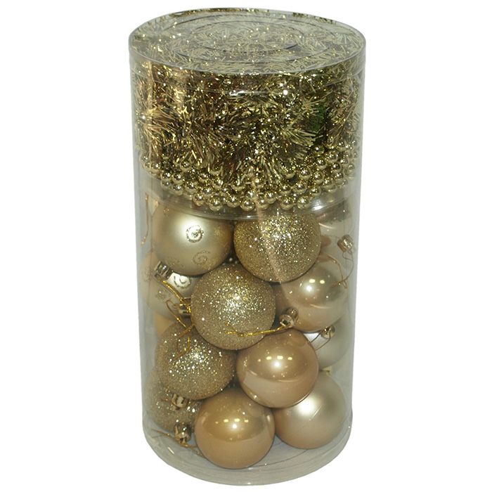 Komplet ukrasa za jelku u zlatnoj boji: kuglice, girlanda, perlice - Image 1