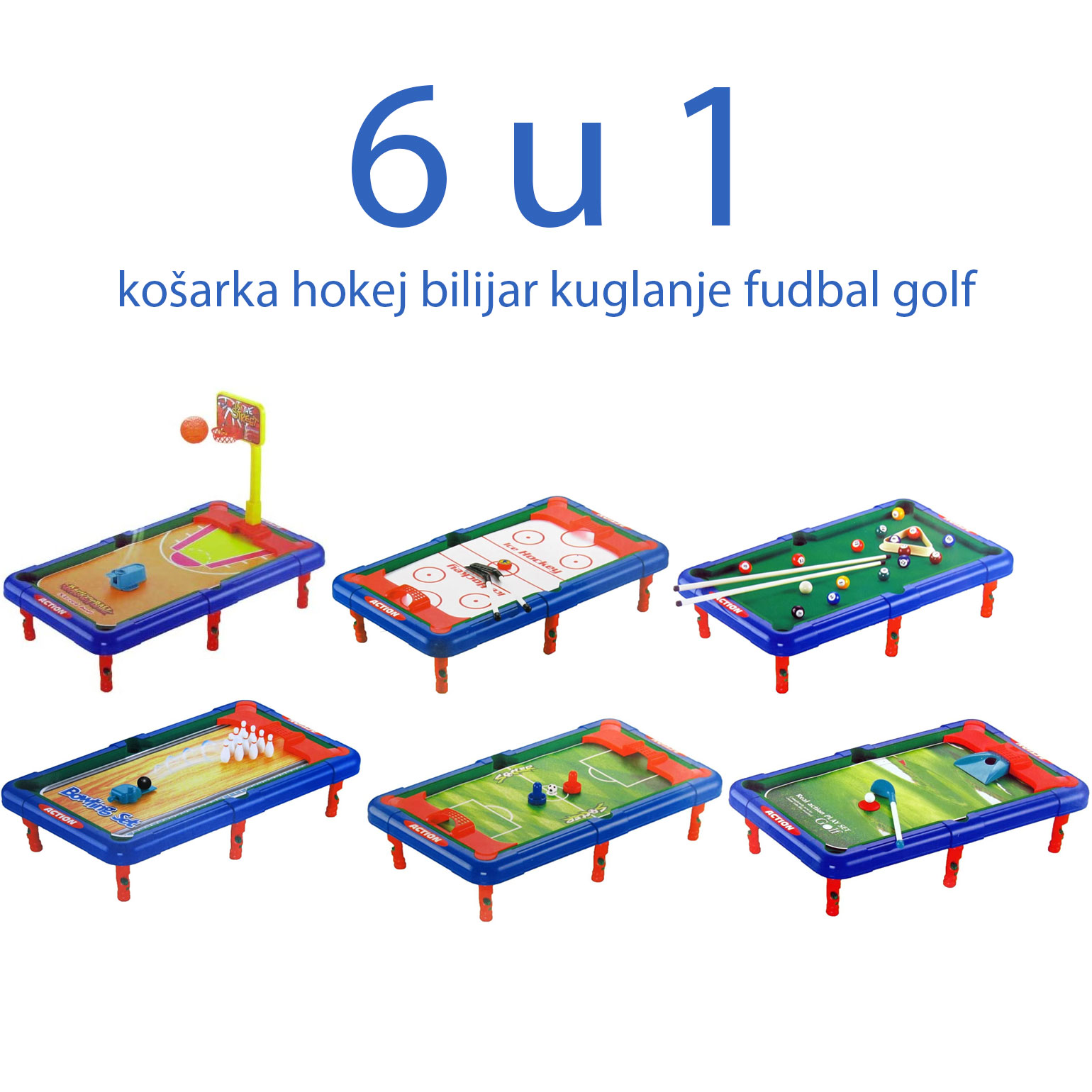6u1 set stonih igara - bilijar, fudbal, košarka, kuglanje, golf i hokej