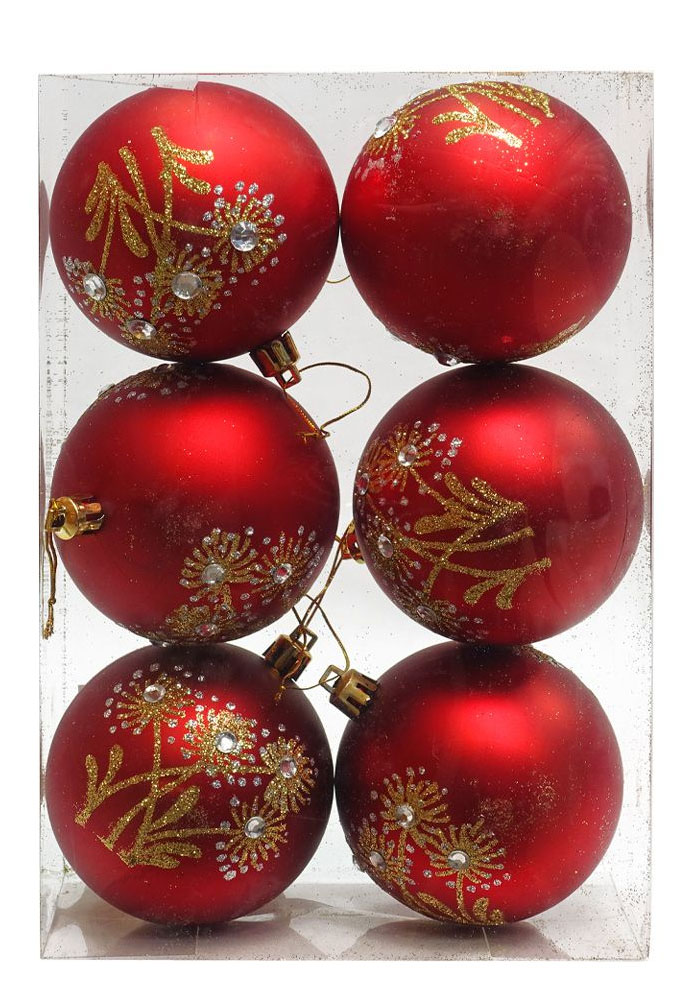 Crveni ukrasi za jelku sa dekoracijom prečnika 8 cm - 6 komada - dodatni pogled