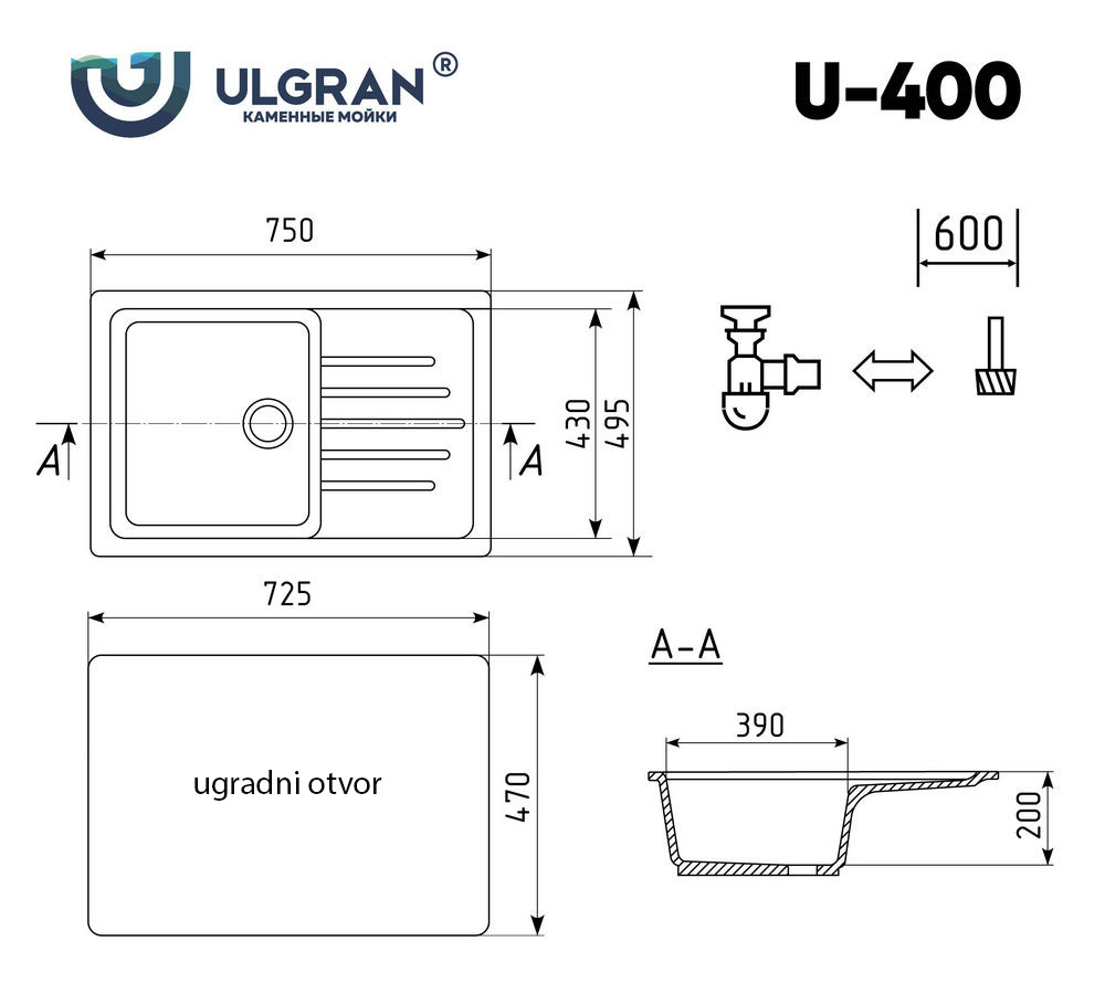 Granitna pravougaona sudopera sa sifonom Ulgran U400-308 crna - dodatni pogled