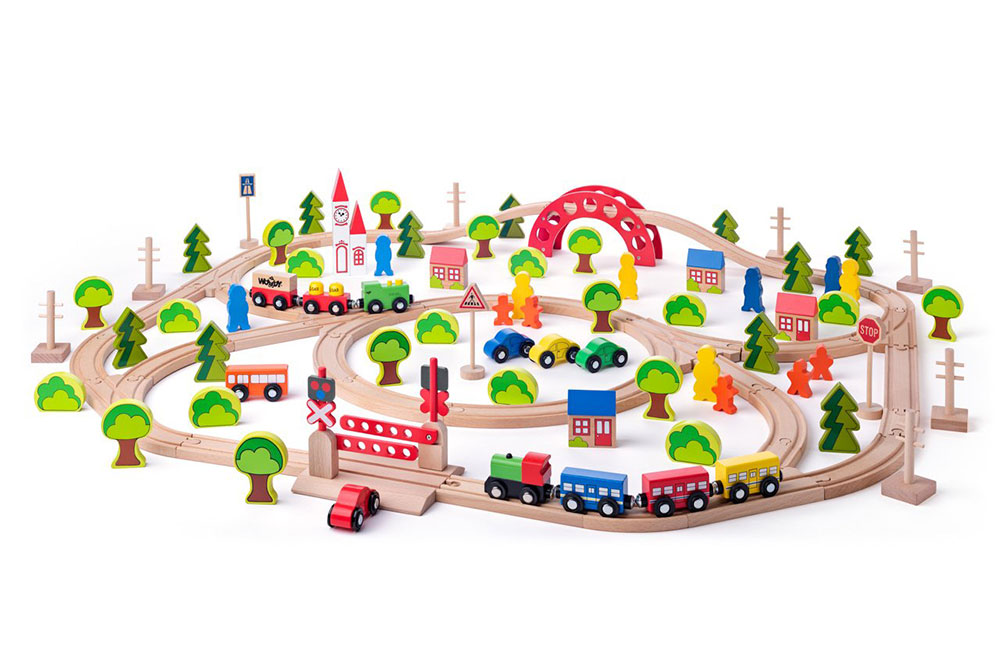 WOODY Velika drvena pruga sa vozovima i dodacima 120 delova Maxi 93063 - dodatni pogled