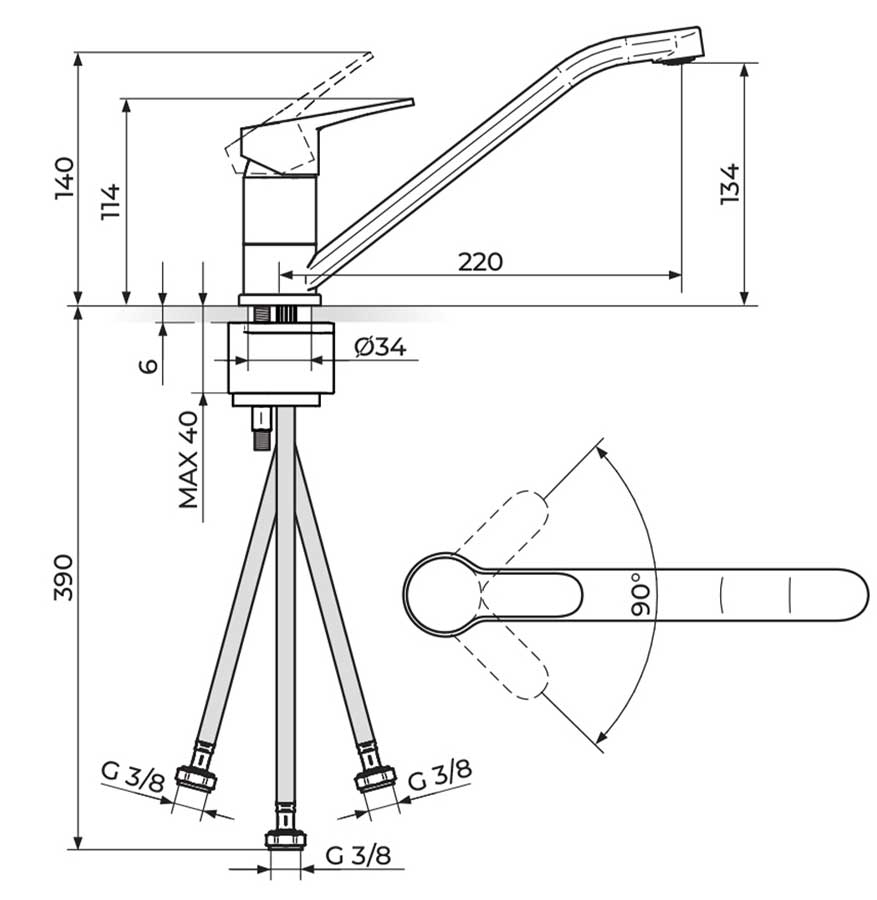 Jednoručna slavina za sudoperu sa tri cevi Rosan Blau B138103 - dodatni pogled