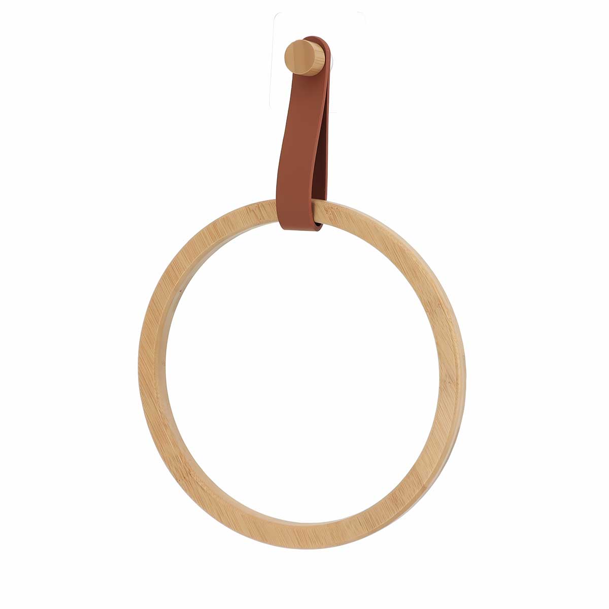 Okrugli Samolepljivi Nosač Za Peškire Bambus i Eko Koža - Montaža Bez Bušenja Braon - dodatni pogled