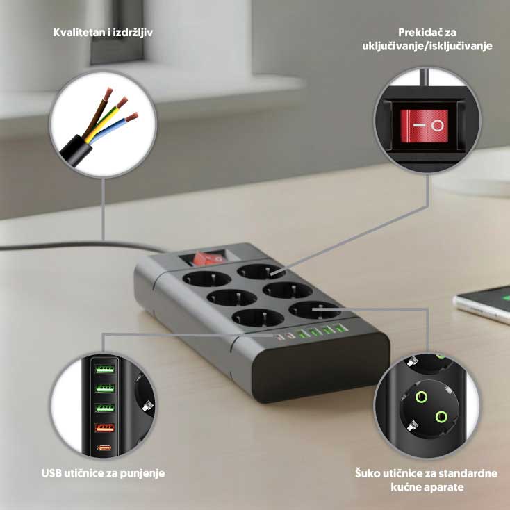 Produžni kabl sa 6 mesta 2m sa USB-A i USB-C utičnicama NV614U-2/BK - dodatni pogled