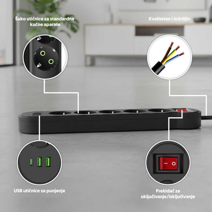 Produžni kabl sa 5 mesta 2m sa USB-A i USB-C utičnicama NV554U-2/BK - dodatni pogled