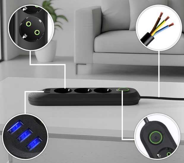 Produžni kabl 2m Sa 3 Šuko i 3 USB-A utičnice NV371U-2/BK - dodatni pogled