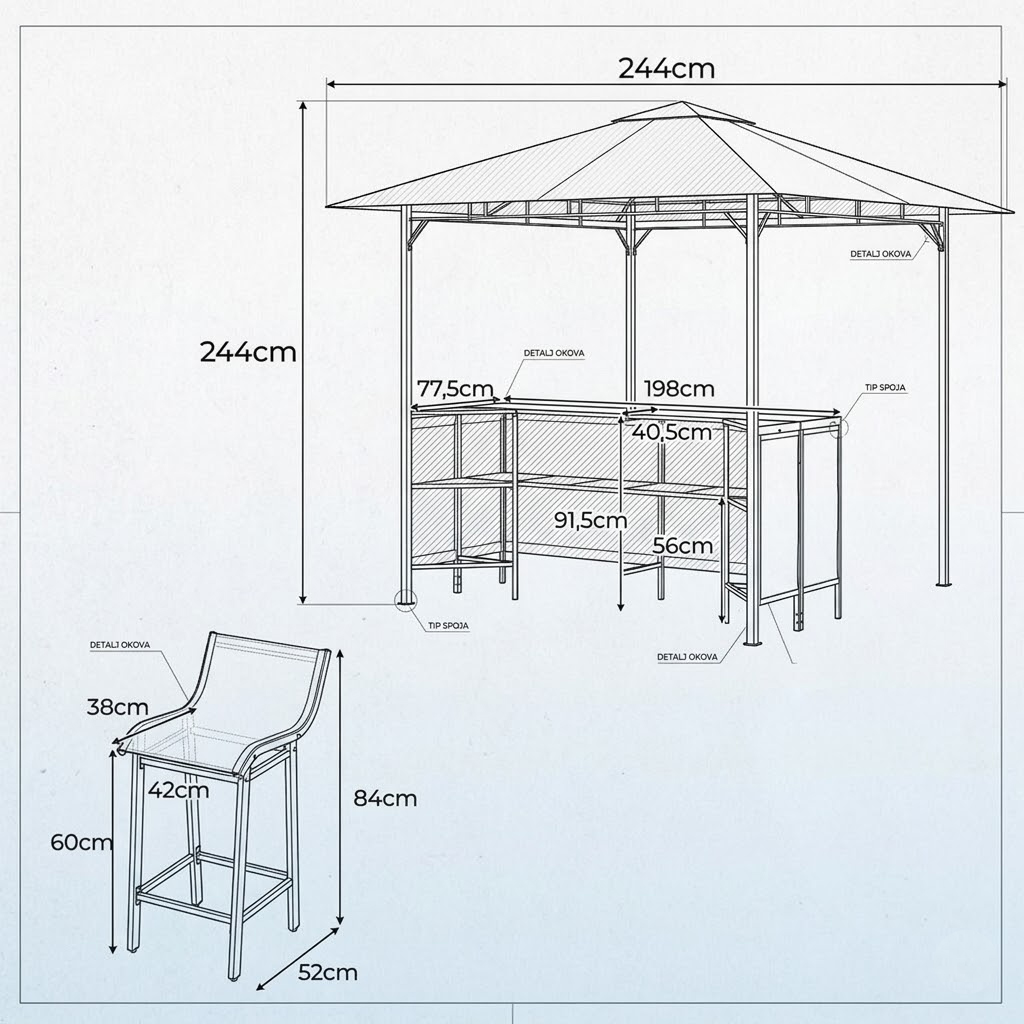 2 Barske Stolice, Paviljon i Barski Roštilj Sto 4 u 1 Komplet - dodatni pogled