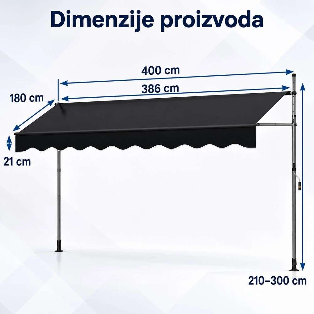 Crna Balkonska Tenda sa Teleskopskim Nosačima 400 x 120 cm Montelux Easy - Bez Bušenja - dodatni pogled