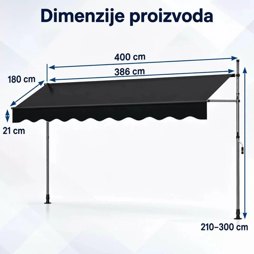 Crna Balkonska Tenda sa Teleskopskim Nosačima 400 x 120 cm Montelux Easy - Bez Bušenja