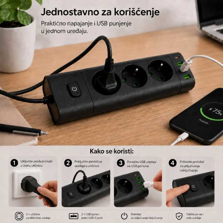 Produžni kabl sa 3 utičnice, USB i USB-C priključcima Black NV611U-2/BK - dodatni pogled