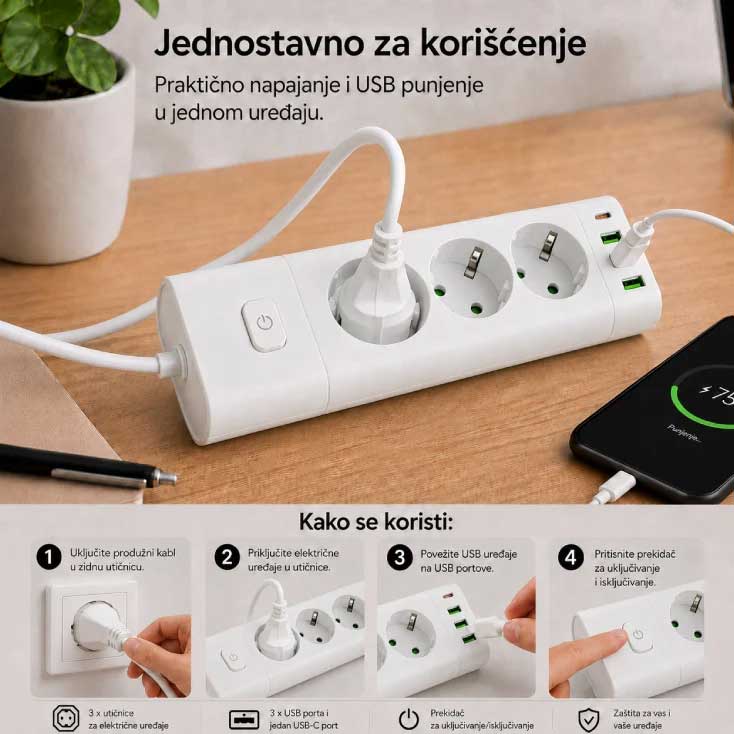 Produžni kabl sa 3 utičnice, USB i USB-C priključcima White NV611U-2/WH - dodatni pogled