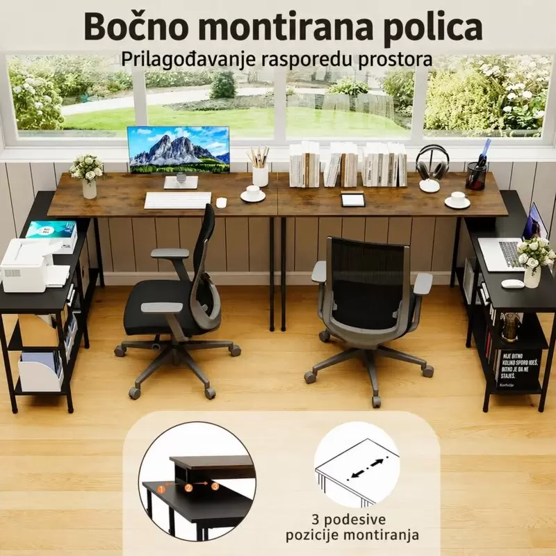 Nuvora Ugaoni Kancelarijski Sto sa Policama, Rustik Braon