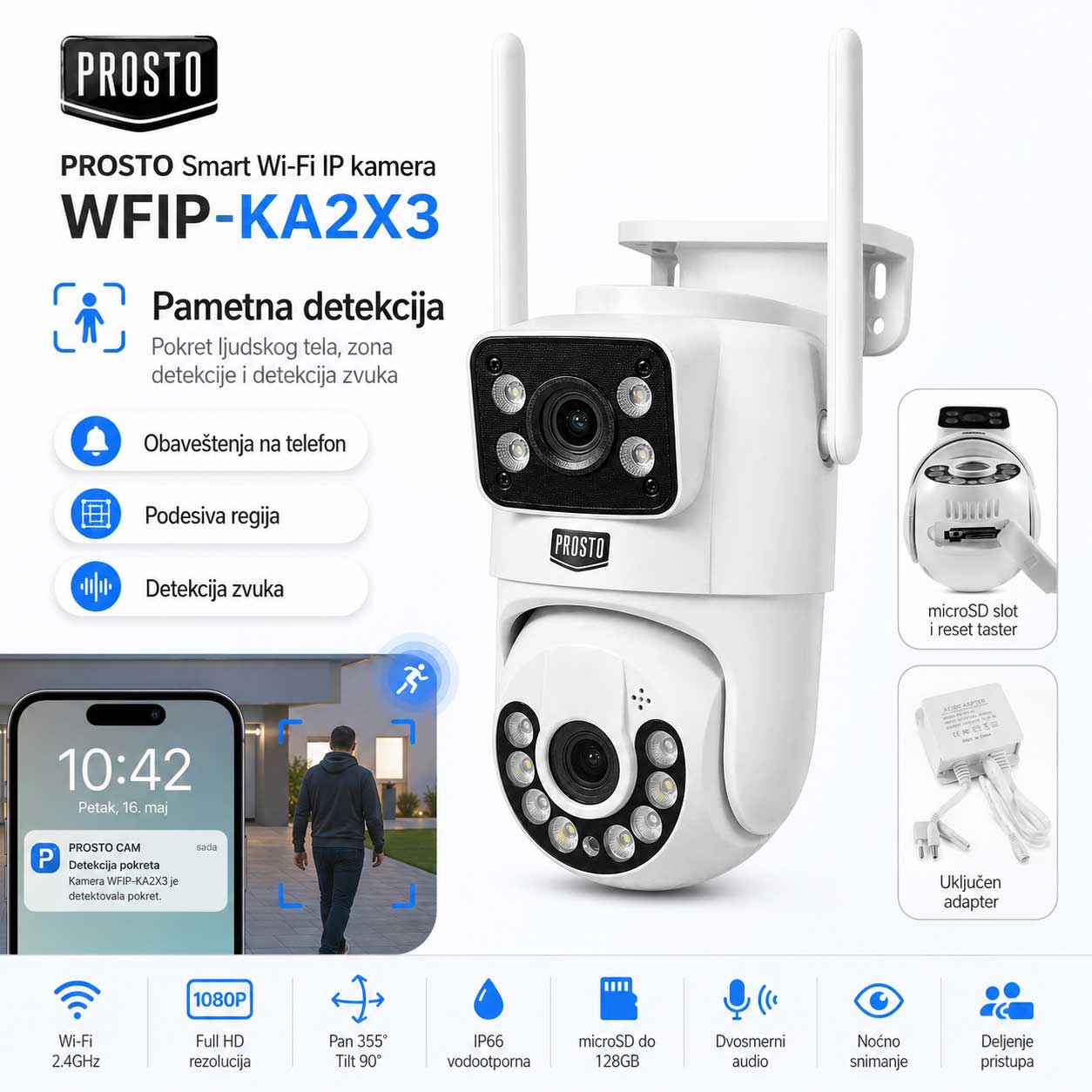 Wi-Fi sigurnosna kamera sa dva objektiva 2×3MP PTZ IR 20 m - dodatni pogled