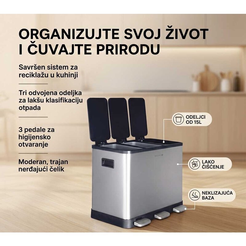 Inox Kanta za Odvajanje (Reciklažu) Otpada 3 Odeljka Po 14 litara - dodatni pogled