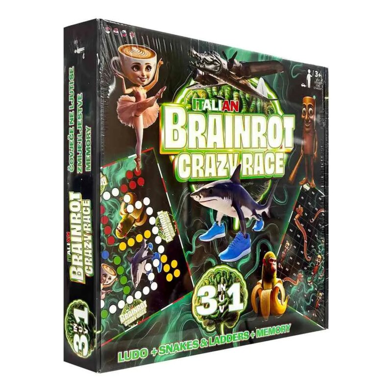 Brainrot Crazy Race 3u1 društvena igra – Čoveče ne ljuti se, Zmije i merdevine, Memo - dodatni pogled