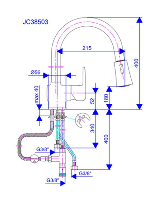 BATERIJA za sudoperu izvlačni tuš 3 cevi JC38503 - dodatni pogled