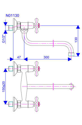 Rosan Nostalgija zidna dvoručna baterija za sudoperu ili lavabo 300mm N01130 - dodatni pogled