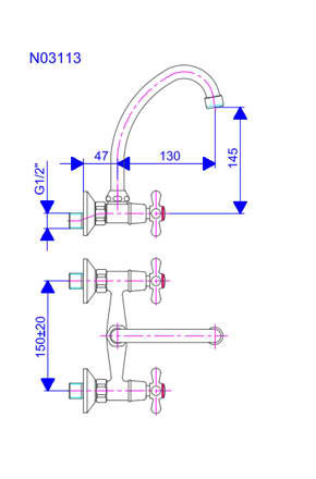 Rosan Nostalgija zidna dvoručna baterija za sudoperu ili lavabo 200mm J N03120 - dodatni pogled