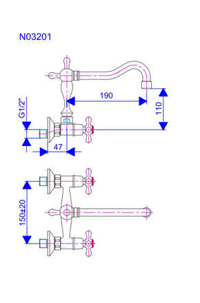 Rosan Nostalgija zidna dvoručna baterija za sudoperu ili lavabo Roma 110mm N03201 - dodatni pogled