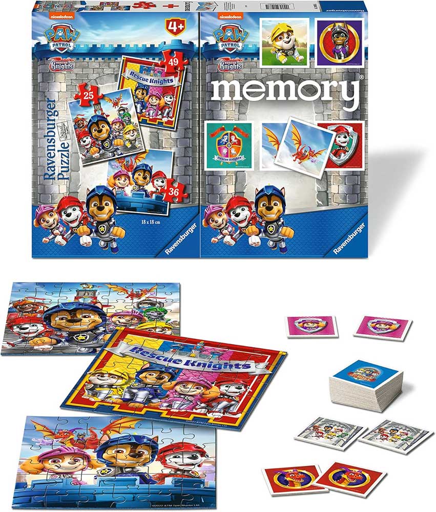 Paw patrol Knights 2u1 Društvena igra Memorija + 3 Puzzle Ravensburger 20983 - dodatni pogled