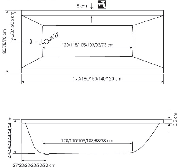Pravougaona kada Jasmin 140x70 - dodatni pogled