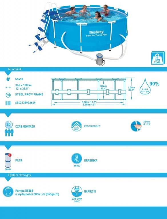 Bazen 366 x 100 cm Sa Čeličnim Raamom, Pumpom, Merdevinama BestWay 56418 - dodatni pogled