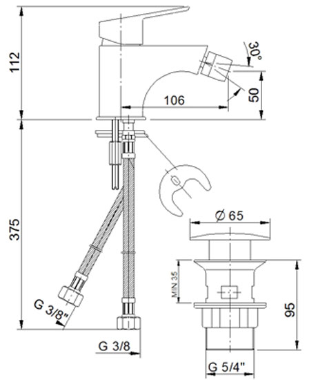 Baterija za bide sa klik-klak odlivnim ventilom Rosan JA391002 - dodatni pogled