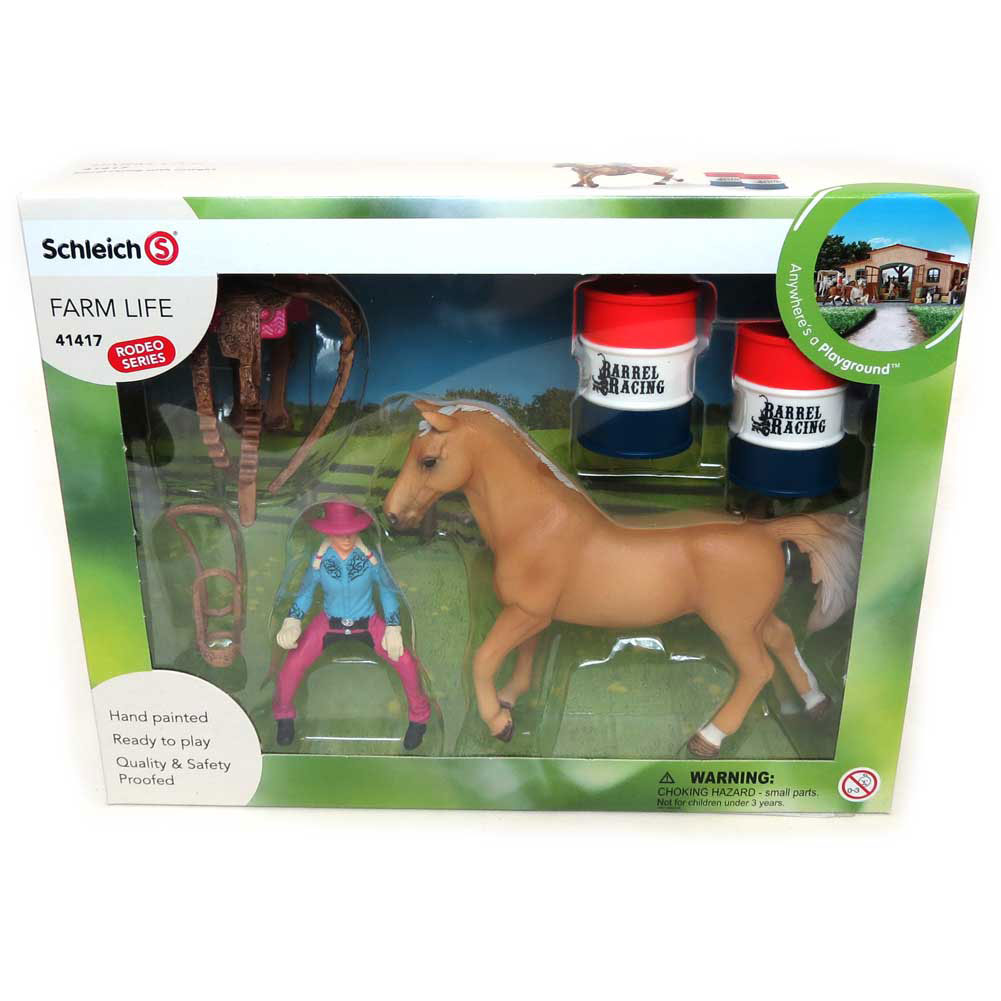 Schleich Figure Domaće životinje - Rodeo - Kaubojka na konju u trci oko burića 41417 - dodatni pogled