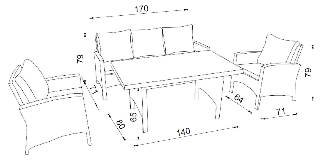 Baštenski Set Za Ručavanje - Royal Graden - 2 Fotelje, Trosed, Sto Sa Staklom - dodatni pogled