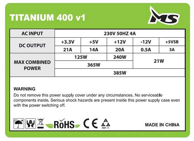 MS napajanje za računar 400W Titanium 400 v1 ATX 1.3 - dodatni pogled