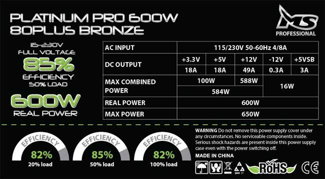 MS napajanje za računar Platinum Pro 80+ 600W Bronze - dodatni pogled