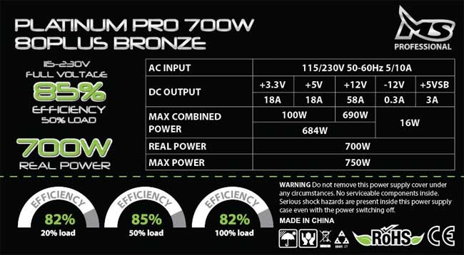 MS napajanje za računar Platinum Pro 80+ 700W Bronze - dodatni pogled