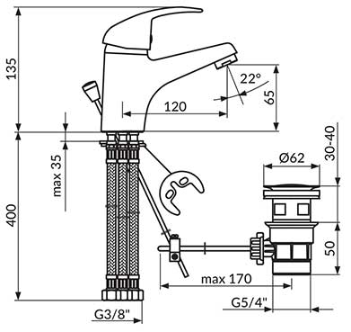 Rosan Baterija za lavabo sa tri cevi i metalnim odlivnim ventilom J301003M - dodatni pogled