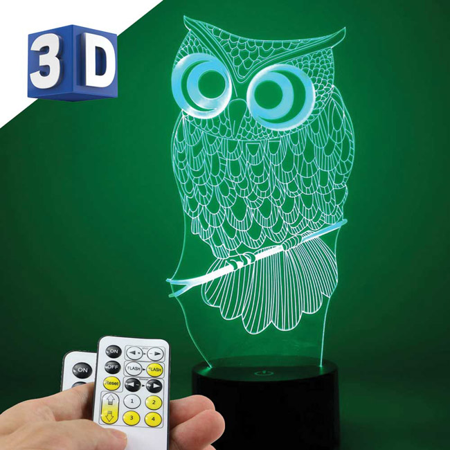3D LED RGB lampa sa promenljivom bojom svetlosti Sova - dodatni pogled