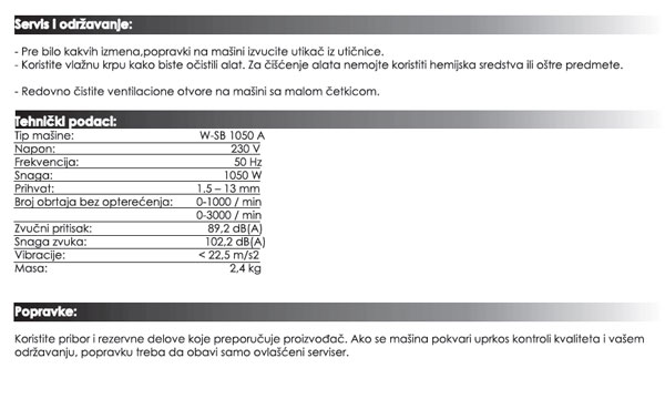 Vibraciona bušilica WSB1050 71010599 - dodatni pogled